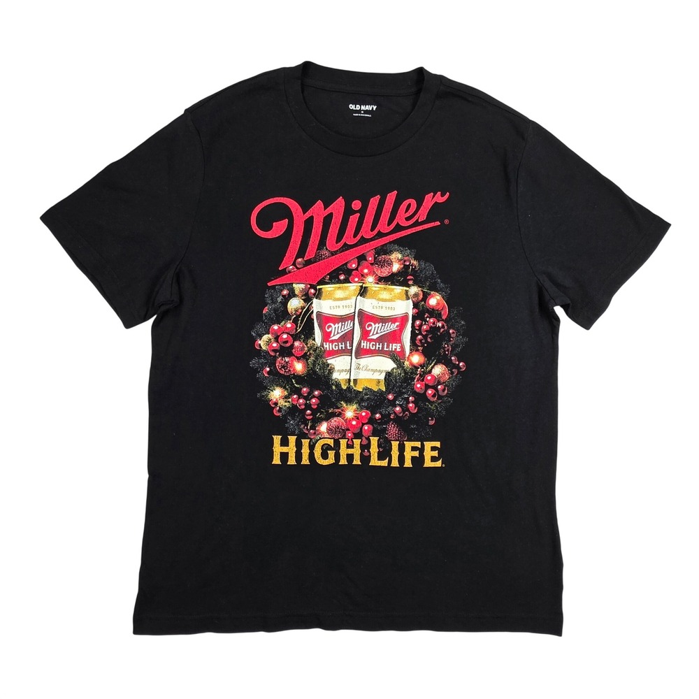 Old Navy Miller High Life Beer Holiday Wreath Graphic T-Shirt Mens Medium Black